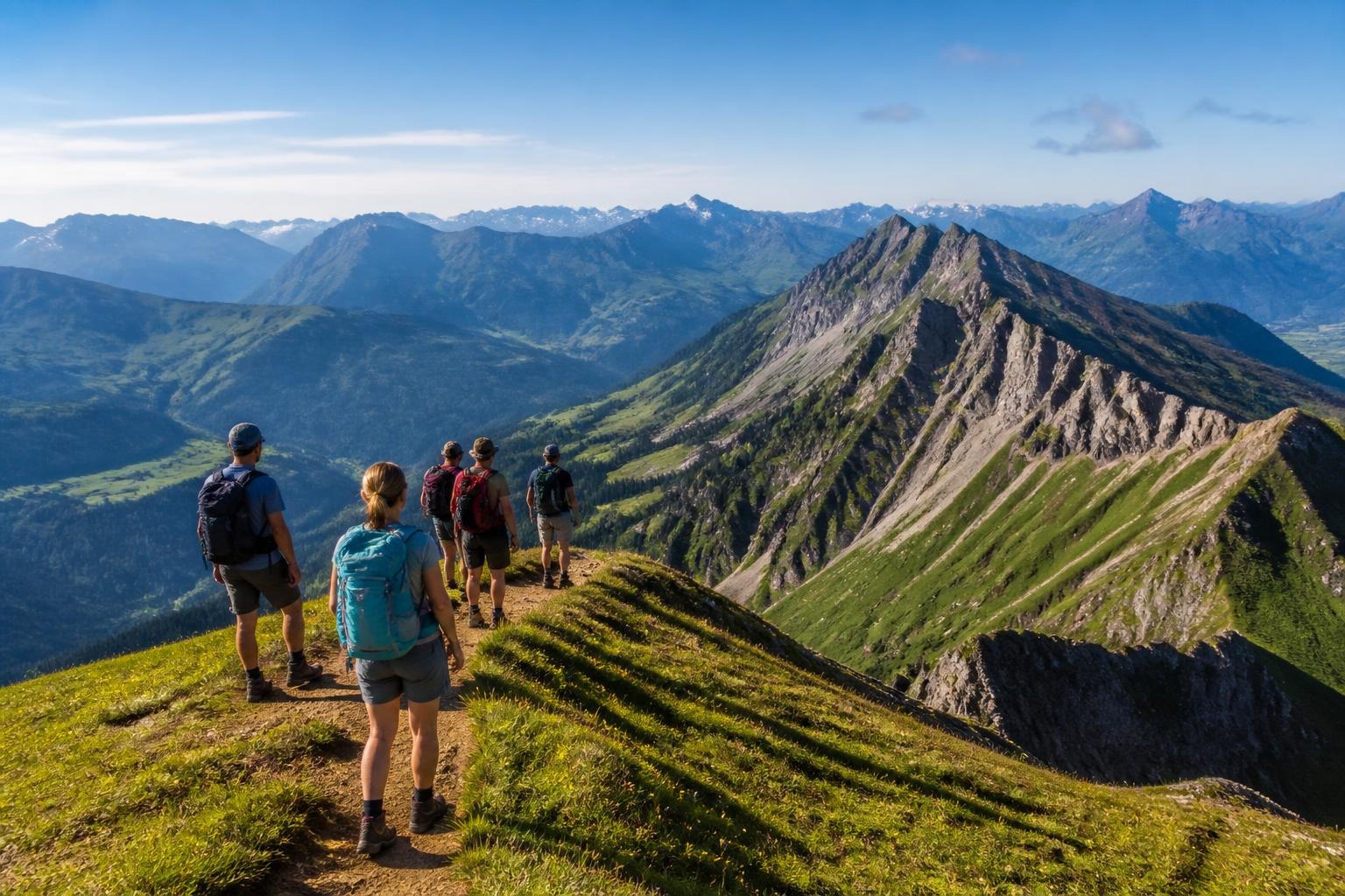 Panorama am Nebelhorn mit kleiner Wandergruppe